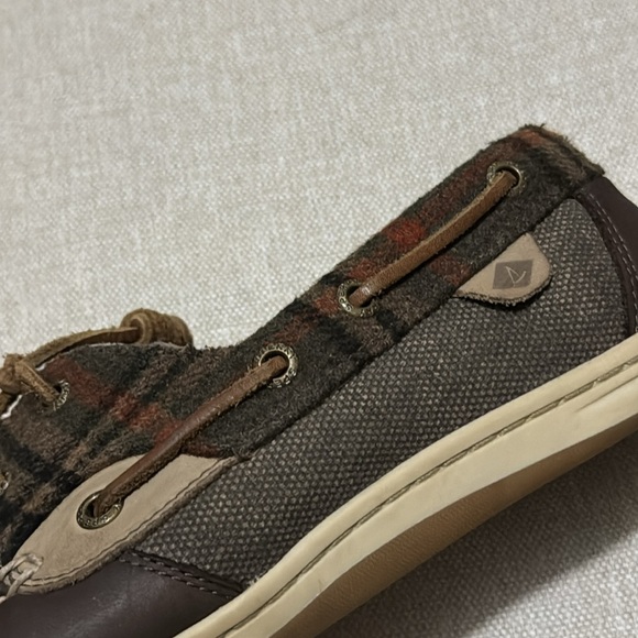 Sperry Top Sider Shoes-Wmns Sz 9-Dark Brown with Plaid Flannel Trim-Leather Ties - Picture 11 of 15